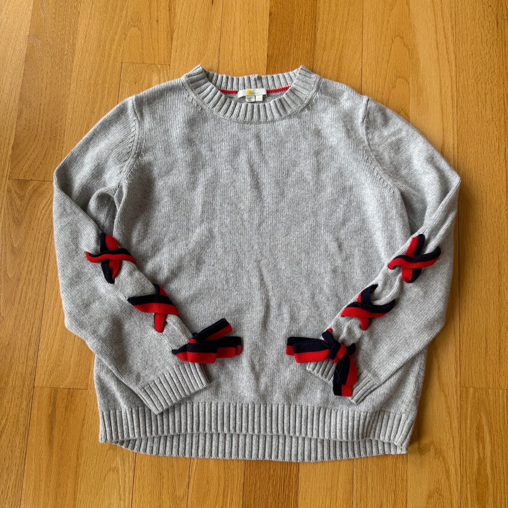 Boden Angelica Sweater Gray W/Red & Blue Ties On Sleeves Knit Crewneck Large - Picture 5 of 7